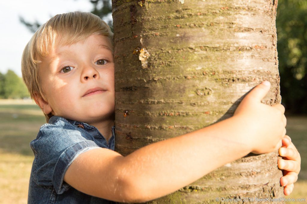 young boy hugging a tree